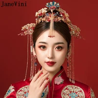 janevini luxury beaded women hair sticks set chinese style ancient bride head jewelry long tassel pearl crown hair pins headband