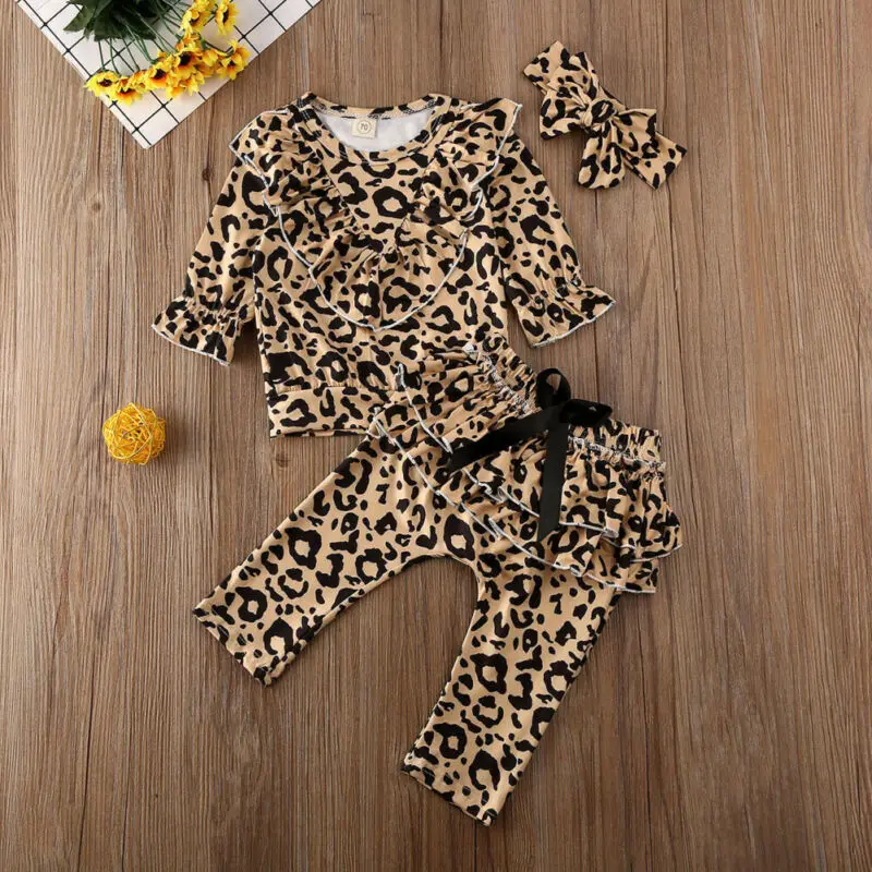 Модная детская одежда для маленьких девочек леопардовые топы штаны с оборками и
