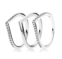 original 925 sterling silver wish bone pan ring set with crystal stack rings for women wedding party gift fashion jewelry