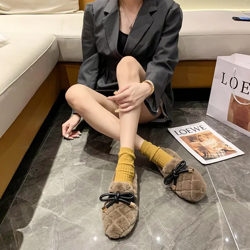 Winter The New Fur Shoes Women Fashion Casual Solid Slip-On Round Toe Butterfly-knot Plush Shallow Keep Warm High Quality Flock