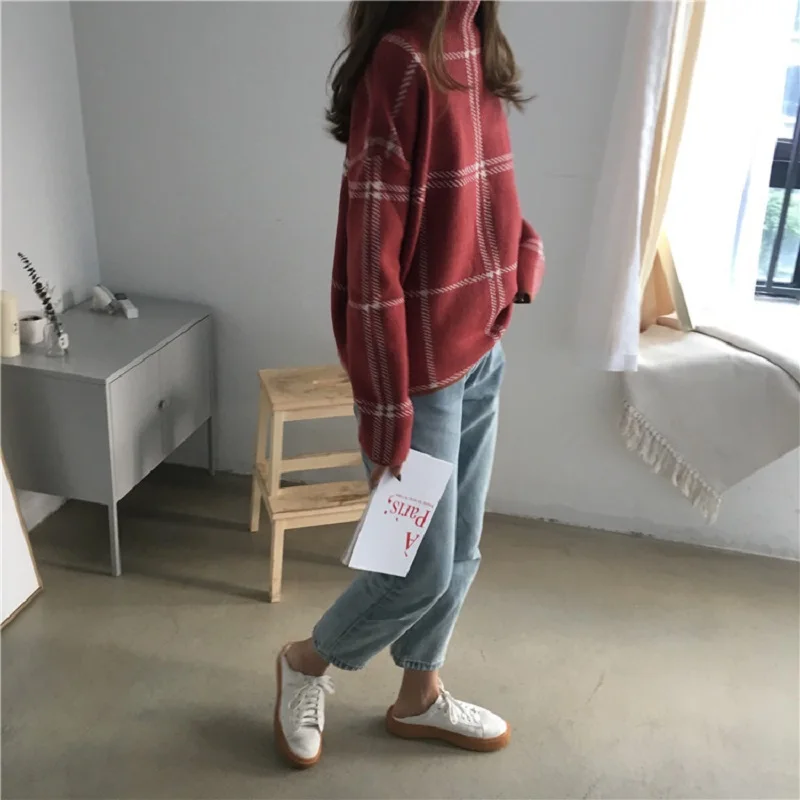 

Women's sweaters knitwear femme hiver 2021 y2k Korean style Tops zevity new year jerseys INS plaid half-turtleneck sweater