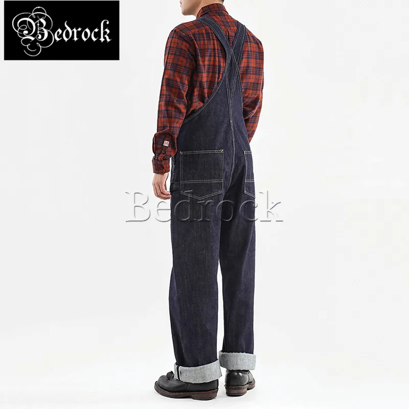 Bedrock 14oz high quality vintage denim overalls heavy raw denim jeans one washed blue Amekaji dungaree suspenders for men 7293