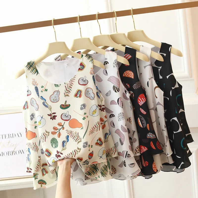 Блузка женская шифоновая с принтом модный топ без рукавов брендовая