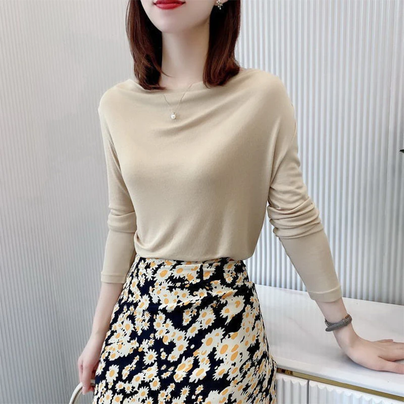 

Women's Spring Autumn Style Blouses Shirt Women's Knitting Long Sleeve Solid Color O-Neck Korean Casual Tops DD9023