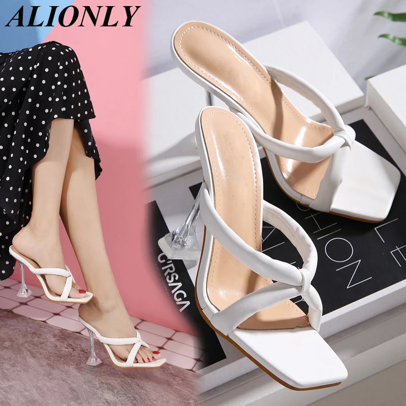 

ALIONLY New Crystal Transparent Clear High Heels Slippers for Women 2022 Summer Ladies Beach Sandalias Shoes Size 34-40