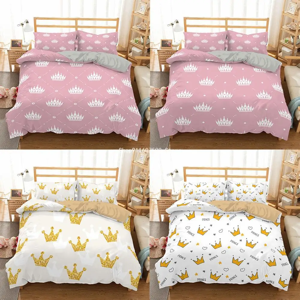 

3D Printing Bedding Set Crown Pink Duvet Cover King Size Microfiber Home Textiles Soft Bedclothes 2/3pc For Kids Baby