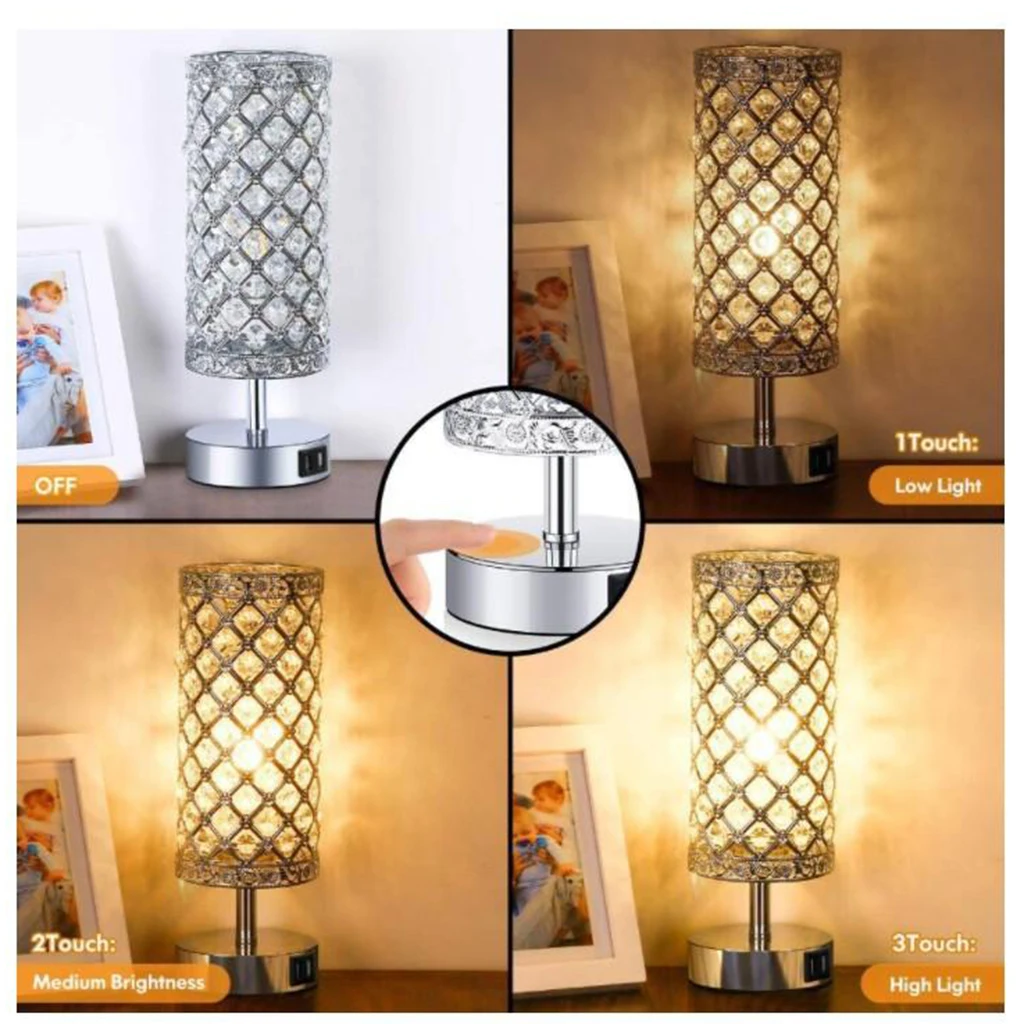 

3-Way Dimmable Crystal Touch Control Table Lamp with Dual USB Charging Ports Bedside Desk Lamps Bulb Included US Plug