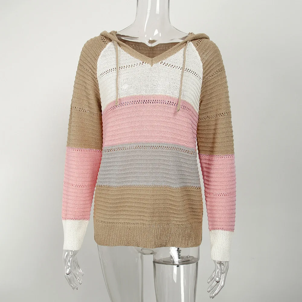 

Hooded Pullover Sweater Hollow Out Knit Top Color Patchwork Long Sleeve Casual Loose Sweaters 2020 Fashion Autumn Women Clothes