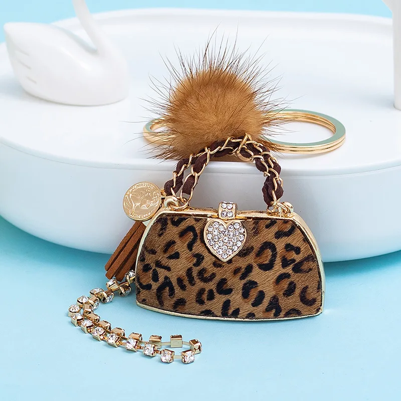 

Novel Leopard Crystal Handbag Hairball Tassel Keychain Car Key Chain Holder Bag Pendant Accessories Keyfob Women Keyring Gift