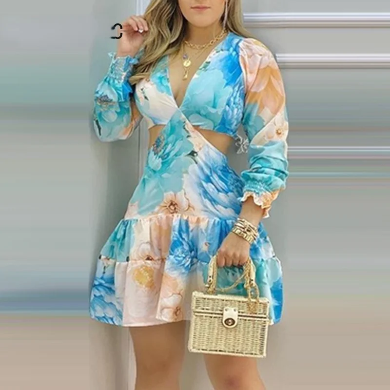 

Women Elegant Dress V-Neck Floral Print Cutout Tied Detail Backless Casual Dress Vacation Dress 2021