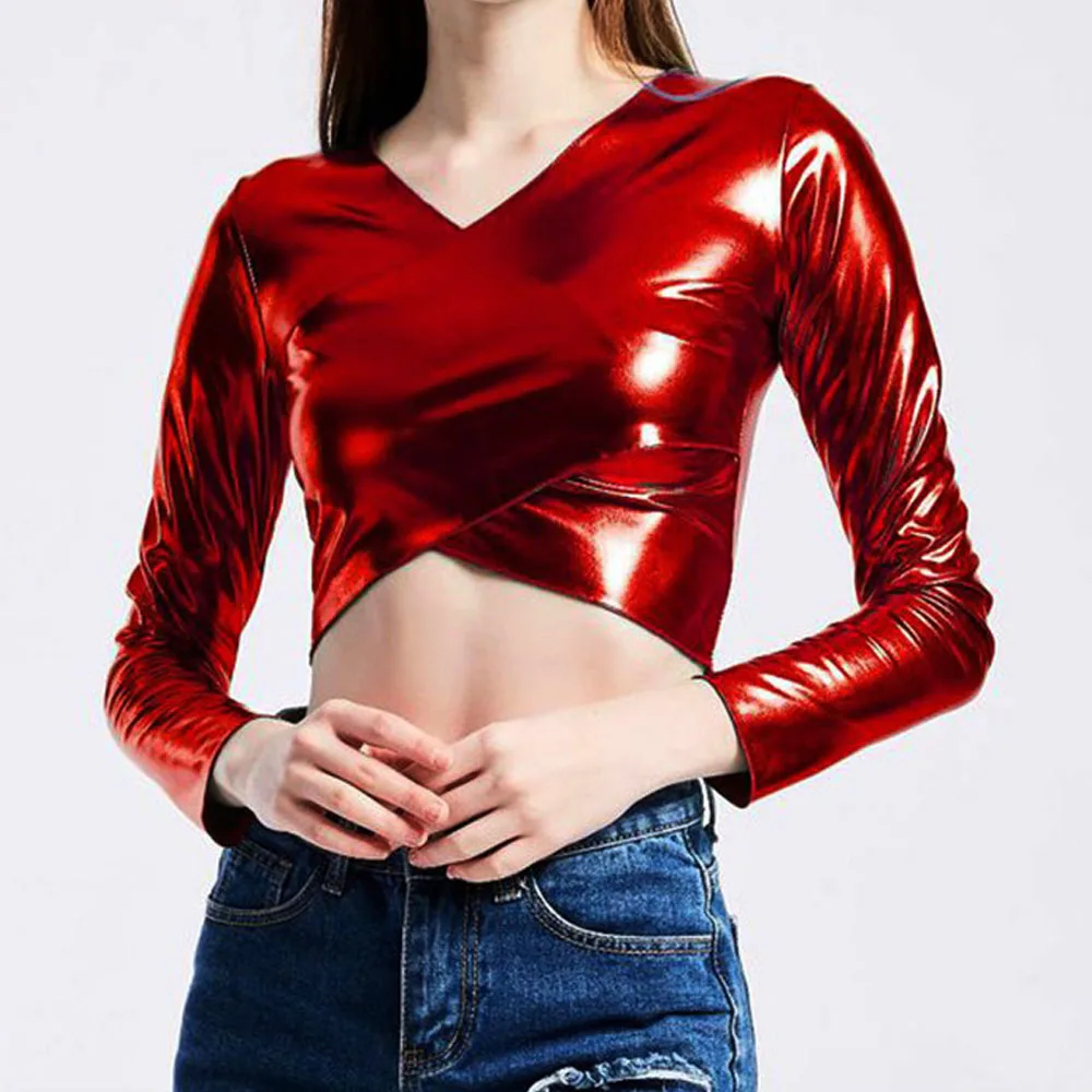 Топы с длинным рукавом и крестиком сексуальные v образный вырез голографическая