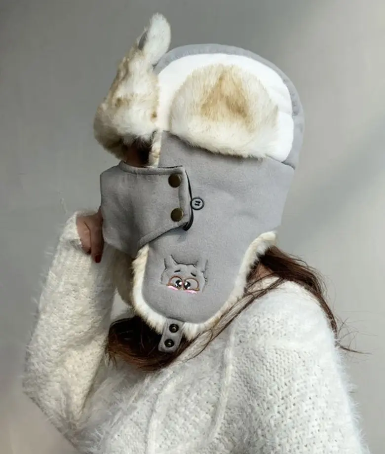 embroidery cartoon Lei Feng hat Russia ear-flapped hat women bomber hats thick warm outdoor winter hat - Цвет: grey