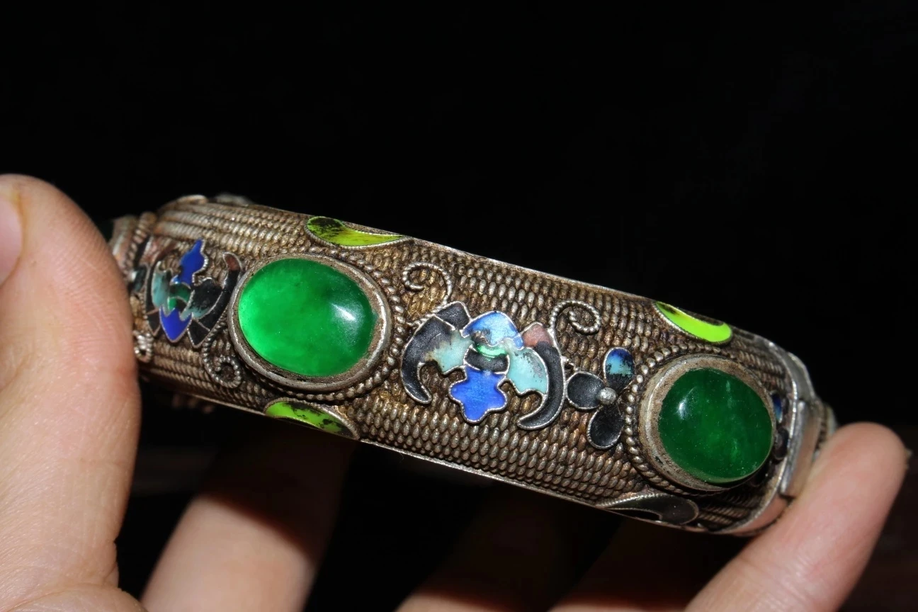

Chinese Old Craft Made Jade Lnlaid Cloisonne Tibetan Silver Bracelet