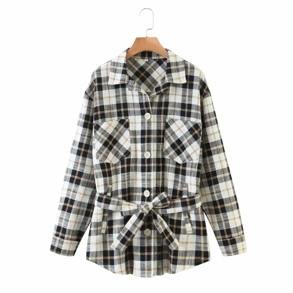 

Women sashes plaid 100% cotton jackets 2020 fashion ladies full sleeve pockets button coats chic girls streetwear casual style