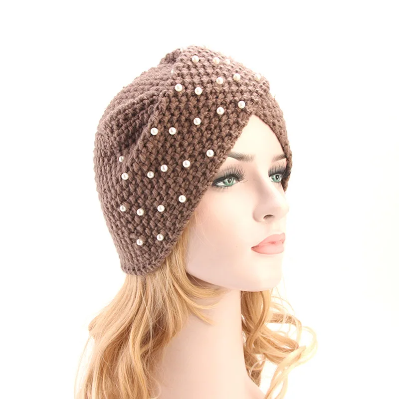 2020 New Knit Turban Cross Women Hat Winter Warm Twist Hair Wrap Solid Casual Skullies Beanies Pearls Beads Headwear | Аксессуары для