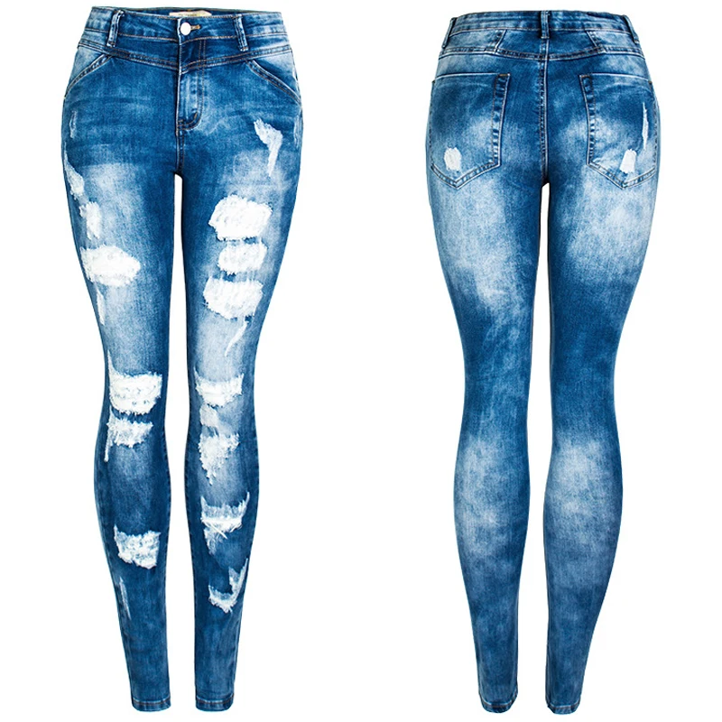 Женские стрейчевые узкие эластичные рваные джинсы брюки карандаш джинсовые в