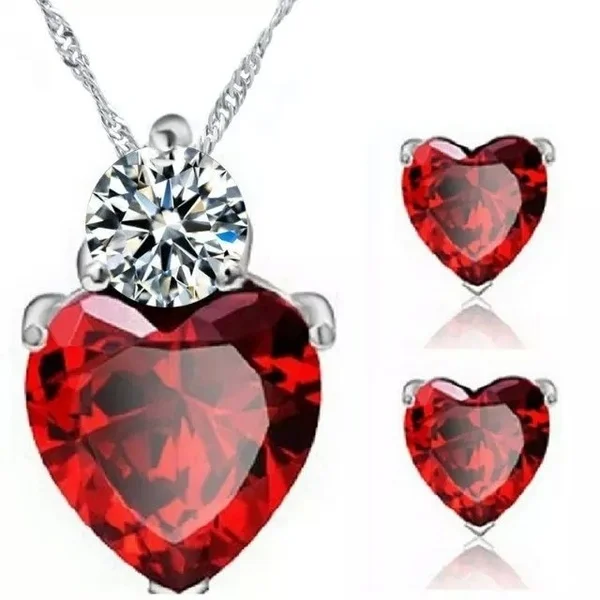 1 комплект ювелирных изделий красное сердце циркон серьги + ожерелье свадебный |
