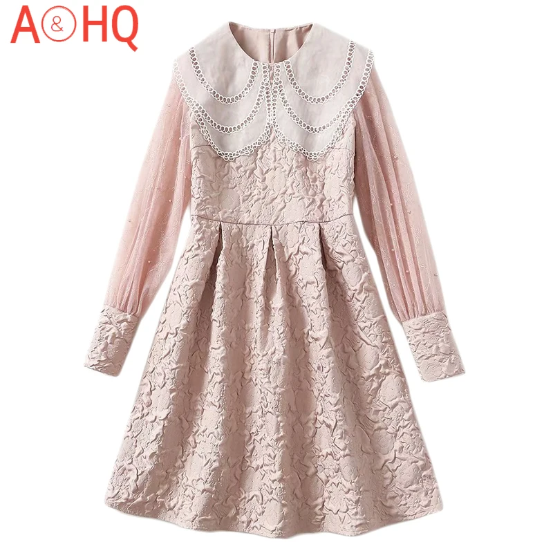 

Runway Women'S Spring Autumn New Hollow Ruffled Lace Beading Long Sleeve Jacquard Party Elegant Vintage Mini Dress