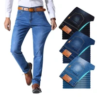 brother wang classic style men brand jeans business casual stretch slim denim pants light blue black trousers male