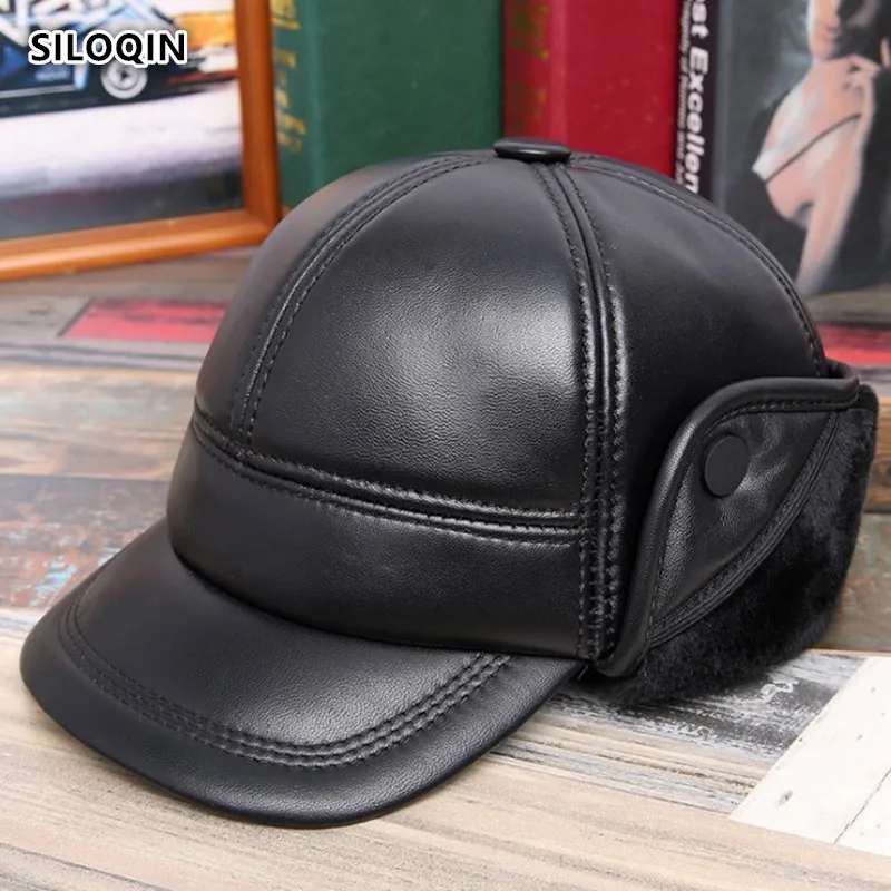 

SILOQIN Dad's Hat Genuine Leather Hat Winter Warm Quality Sheepskin Baseball Caps Thicken Velvet Ear Protection Middle-aged Hats