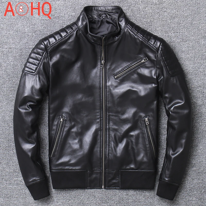 Куртка бомбер мужская короткая мотоциклетная приталенная из натуральной