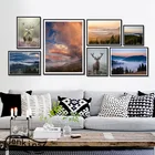 Современный естественный пейзаж туман Гора Небо лес олень постер Настенная картина на холсте картины для гостиной спальни домашний декор