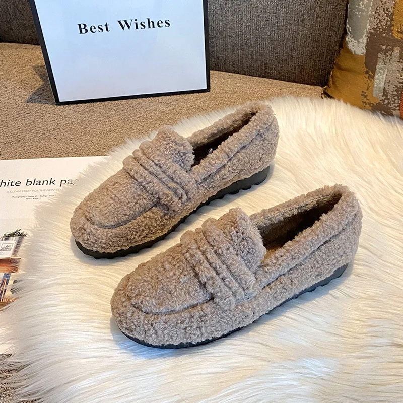 Hot Women Thicken Soled Shearling Loafers One Band Lambswool Moccasins Femme Plus Size 34-43 Fur Flats Woman Winter Plush Shoes