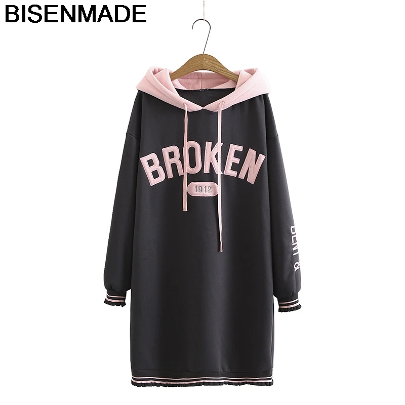 

BISENMADE Новое зимнее женское свободное платье с вышивкой контрастного цвета на подкладке из бархата средней длины средней длины с капюшоном и...