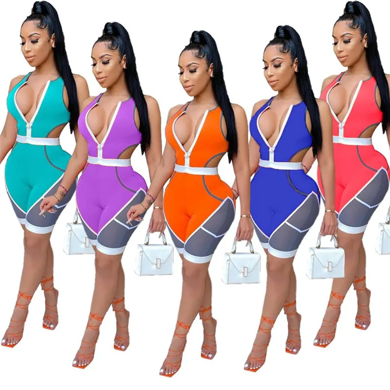 

Color Block Spliced Moto Biker Slim Playsuit Women Deep V Neck Sleeveless Fitness Bodysuit Streetwear Hollow Out Party Overalls