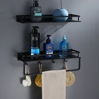 Bathroom Shelf With Towel Bar Wall Mounted Aluminum Bath Shower Shelf Black Bath Shampoo Holder Basket Holder Corner shelf