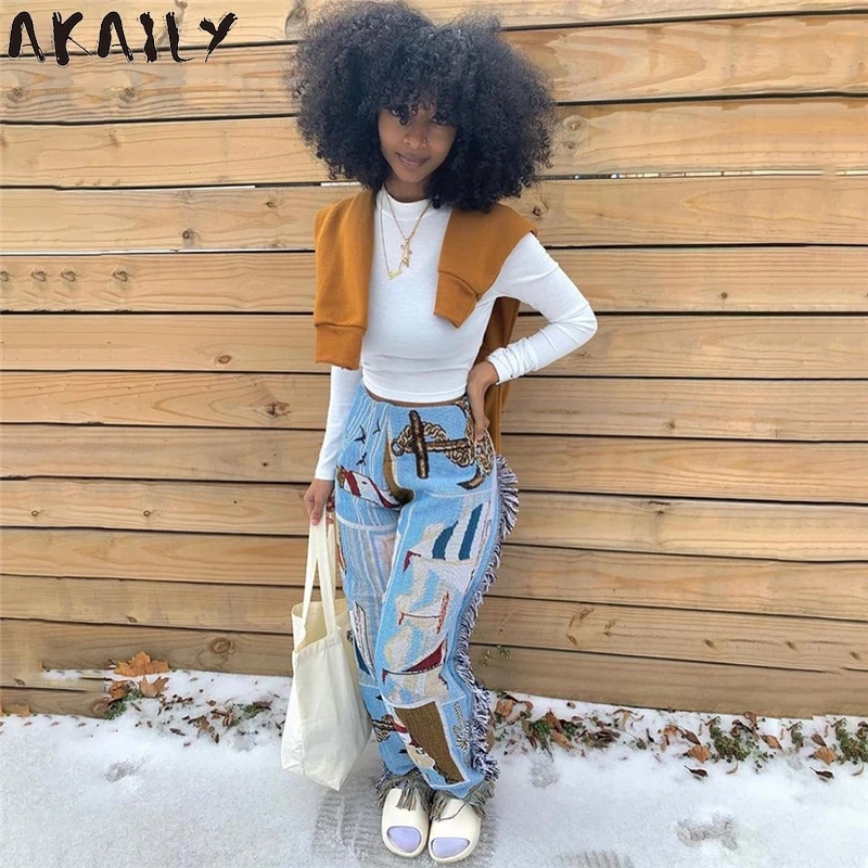 

Уличная одежда Akaily 2021, свободные повседневные длинные брюки с кисточками, женский летний наряд, женские прямые брюки большого размера с выс...
