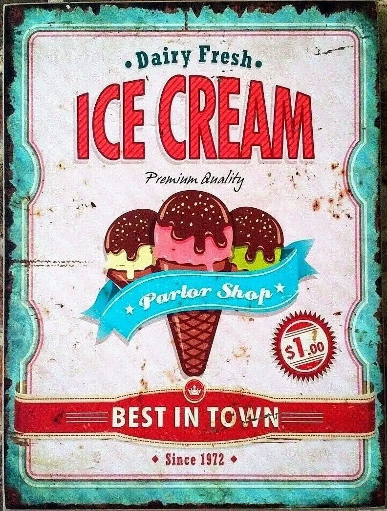 

Metal tin Sign Decor Wall Art Large Ice Cream Sign Wall Hanging Decoration Picture Print Retro Style Kitchen