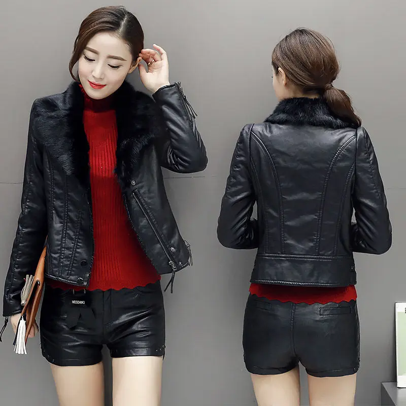 

Женское кожаное пальто, короткая зимняя новая приталенная байкерская куртка из искусственной кожи в Корейском стиле, пальто для женщин