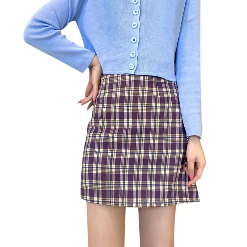 

Korean Fashion Grid Skirt Purple Empire Sweet Plaid Above Knee Skirt Summer Sweet Female High Waist Thin Skirt New Arrival