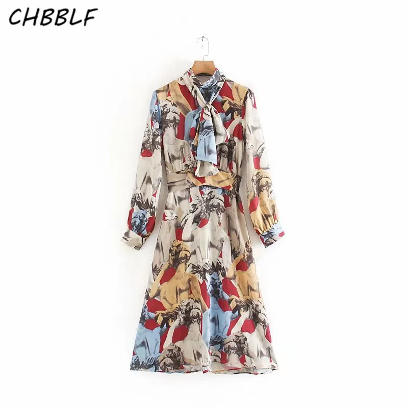

CHBBLF женское стильное ретро платье миди с принтом, стоячий воротник, галстук-бабочка, рукав-фонарик, женский стиль, повседневное свободное пл...