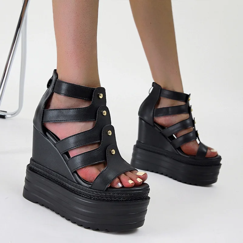 

Gladiator Sandals Women Wedges Platform Sandals Hollow Outs Roman Shoes Thick Soled Open Toe Black Lady Shoes Sandalias Mujer