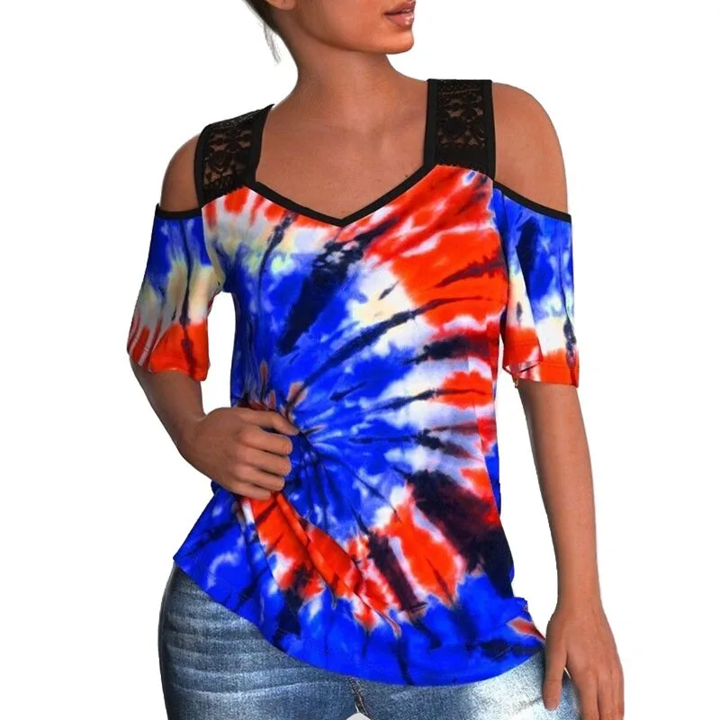 

New Fashion Women V- Neck Rainbow Color Casual Off Shoulder Short Sleeve T-shirt Loose Summer Short Sleeve Plus Size Shirt