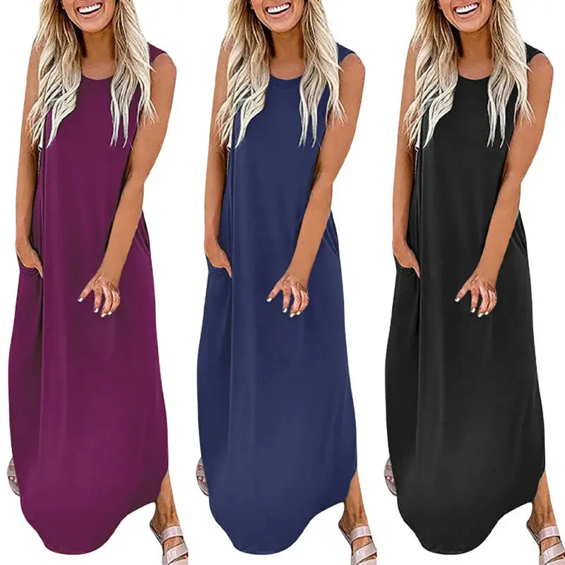 

Long Tank Dress Women Summer Round Neck Plain Sleeveless Sling Dress Summer Casual Beach Fashion Women's Maxi Dress