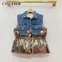 chicever casual cotton coat for women lapel sleeveless drawstring patchwork pocket hit color vest female fashion new winter