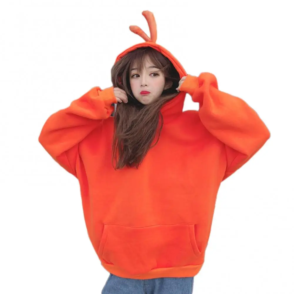 Women Cartoon Hood Long Sleeve Solid Color Hoodie Autumn Winter Plush Sweatshirt Plush Sweatshirt