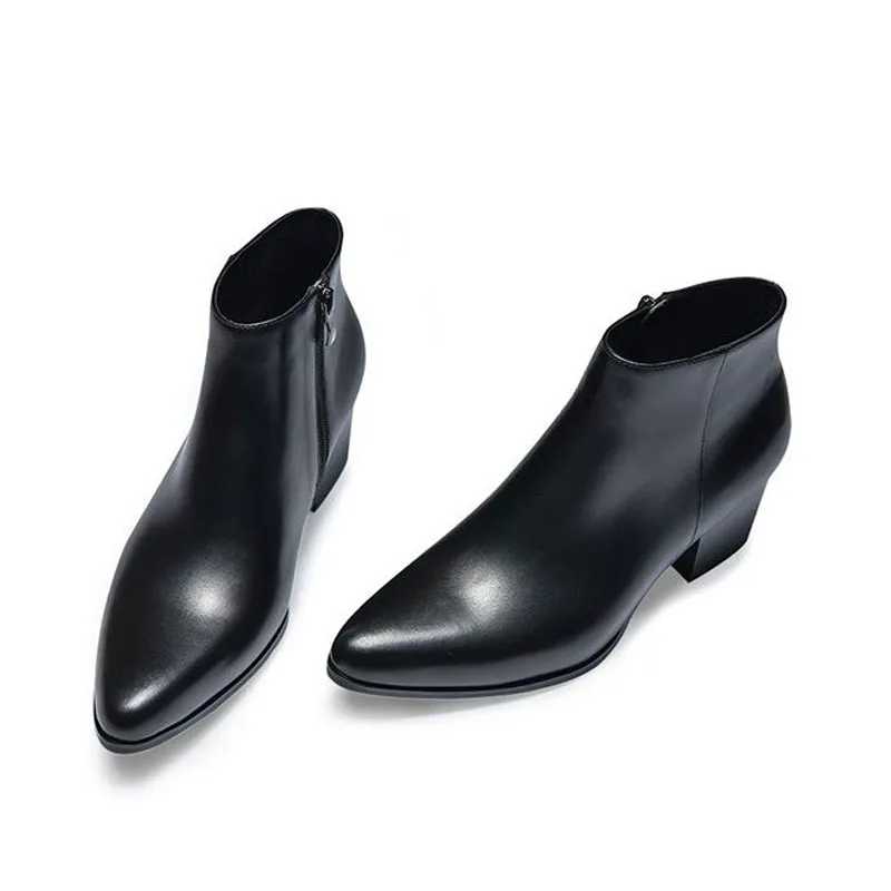New Winter Mens High Heels Real Leather Boots Pointed Toe Zip Plush Warm Ankle Work Safety Career Wedding Party Men Shoes | Обувь