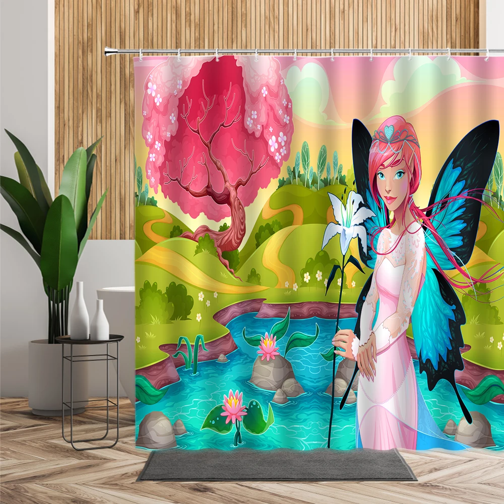 

Занавеска для душа с изображением бабочек, девочек, лилий, цветов, лотосов, голубого озера, розового дерева, зеленых листьев, декор для ванно...