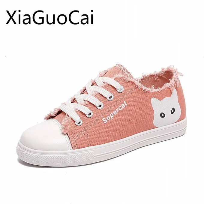 

Summer Cute Women Canvas Shoes Summer Lace Up Round Toe White Cat Women Flat Casual Shoes Rubber Sneakers