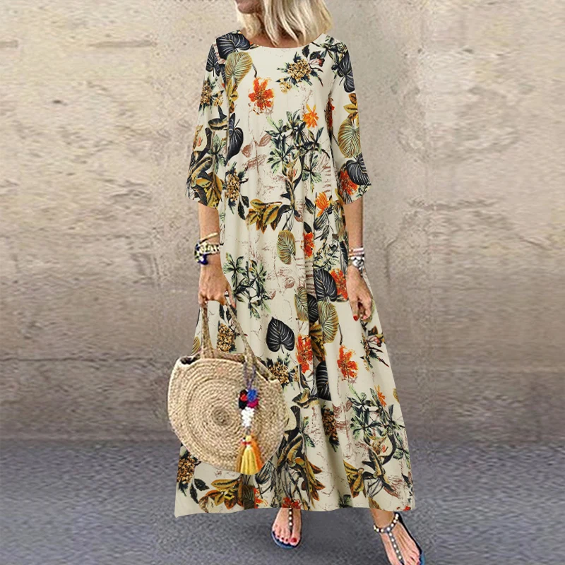 

Autumn Polka Dot Party Dress ZANZEA Vintage Printed Cotton Sundress 2021 Women Casual 3/4 Sleeve Vestido Robe Plus Size Kaftan