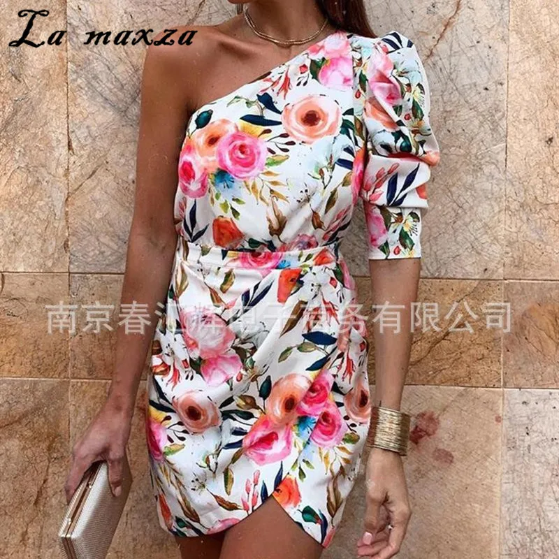 

Casual Elegant Floral Dress for Women 2020 Summer Fashion One Shoulder Puff Sleeves Bodycon Dress