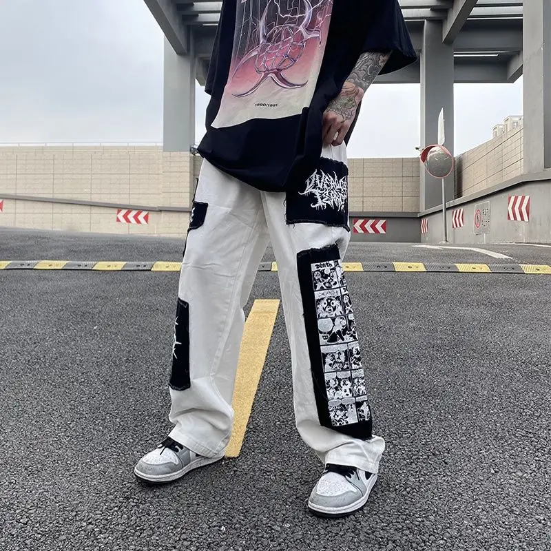 

Брюки мужские в стиле Харадзюку, модные тканевые Свободные повседневные штаны с мультяшной аппликацией, прямые широкие штаны, одежда для му...