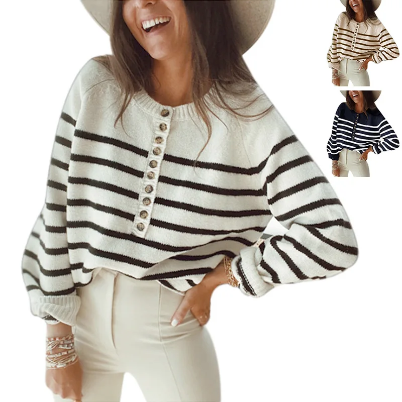 

Autumn And Winter 2021 New Knitwear Stripe Pullover Long Sleeve Round Neck Top Fashion Button Cardigan Women's Sweater