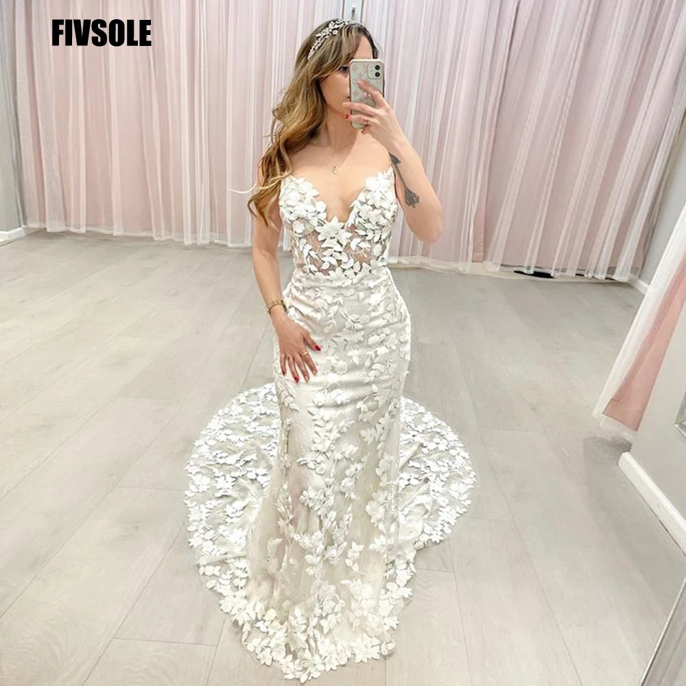 

Fivsole Ivory V Neck Mermaid Wedding Dress Vintage Robe De Mariee With 3D Flowers Sweetheart Tail Trouwjurk Sukienka Na Wesele