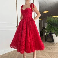 sweetheart spaghetti straps red lace tea length prom dress a line evening gowns