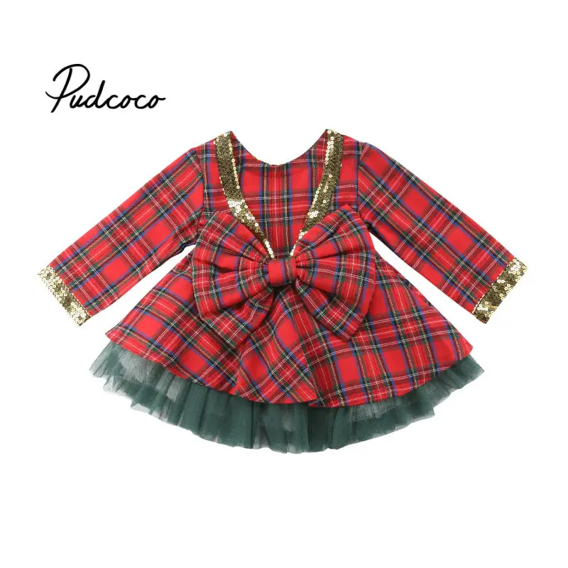 Рождественское платье для маленьких девочек клетчатое Сетчатое + Тюлевое с